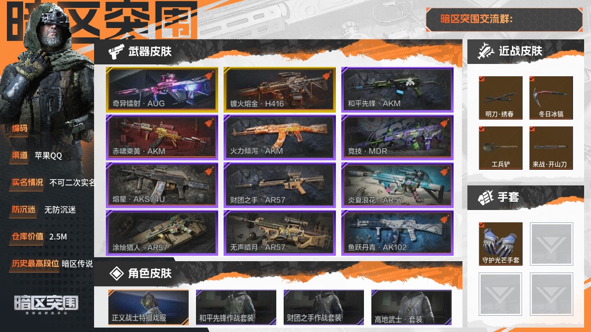 【88PI7B2HD】30级,刀皮4,金枪皮2,紫枪皮22,会员等级4,历史最高段位:暗区传说,仓库价值:2.5M,柯恩币数量:1319K,点券数量:128,【角色皮肤6】:正义战士特摄戏服,和平先锋作战套装,财团之手作战套装,高地武士套装,王国卫队礼装,暴恐机动队外勤服饰,【近战武器】:明刀绣春,冬日冰镐,工兵铲,来战开山刀,【手套1】:守护光芒手套,【突击步枪】:奇异镭射AUG,镀火熔金H416,和平先锋AKM,赤啸乘黄AKM,火力倾泻AKM,竞技MDR,熔星AKS74U,财团之手AR57,炎夏浪花AR57,涂绘猎人AR57,无声暗月AR57,鱼跃丹青AK102,线圈艺术M4A1,德尔塔小队M4A1,竞技M4A1,动感舞步ACE31,湖冰倒影ACE31,线圈艺术AK74N,战术大师AK74N,来战AK74N,山地伪装AK74N,最后防线AEK,骑士之剑SCAR-L,VSCAR-L,防弹安全箱(4格)剩16天;详情看图【部分枪皮可能配件不全,限免皮肤存在时效,具体以实际游戏内为准】【苹果QQ】【不可二次实名】【无防沉迷】【官方截图】